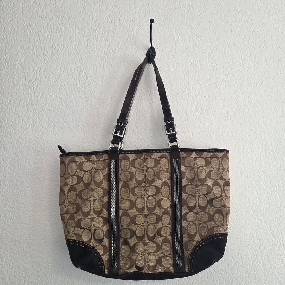 Coach Y2K-era Signature Beaded Gallery Tote 8K52 Dark Brown Suede Pre-Loved